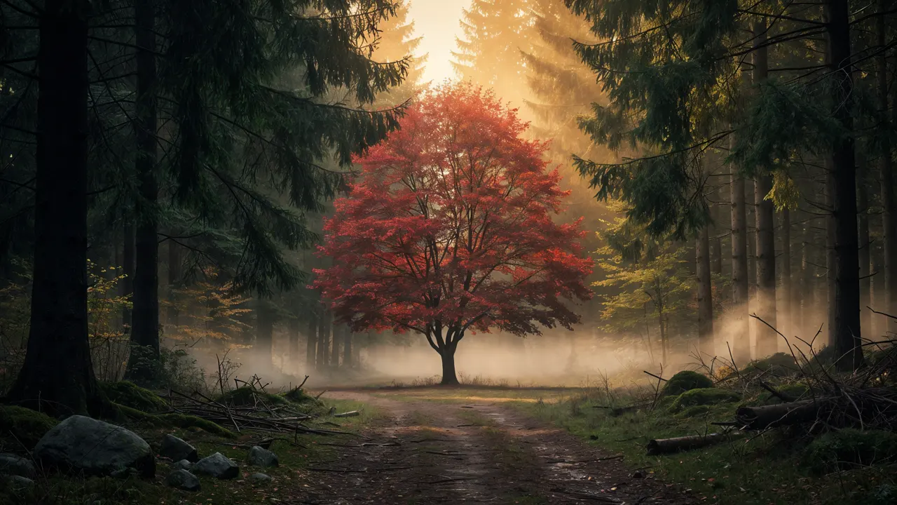 Red maple tree on a small rocky island in a Canadian lake at golden hour