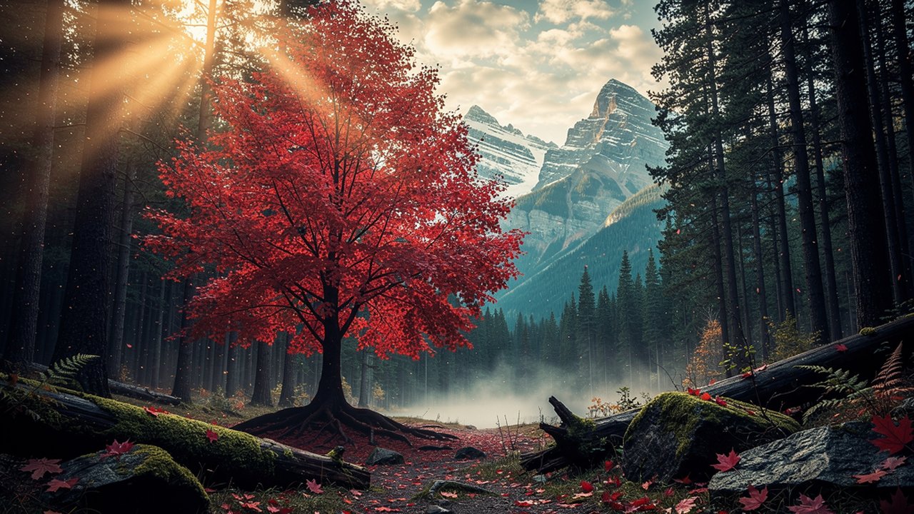 Red maple tree in a Canadian pine forest clearing with snow-capped Rocky Mountains visible in the distance and golden sunbeams piercing the canopy