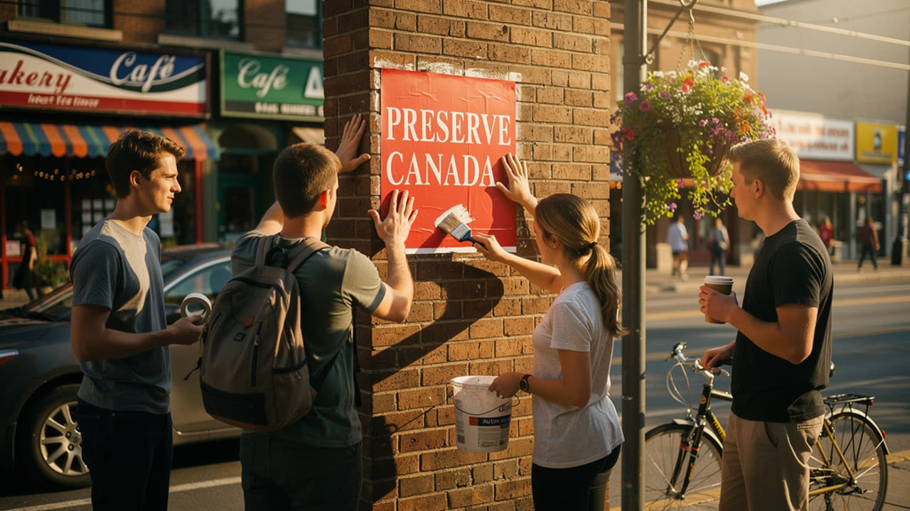 Five young white Canadian adults on a downtown cross-street at golden hour putting up a red PRESERVE CANADA poster on an exterior brick column — a young man with backpack holds the poster, a young woman with tied-back hair applies paste from a small tub with a paint brush, three others watch; storefronts and cafés with awnings are visible across the street, hanging flower baskets, parked car, and a bicycle chained to a post